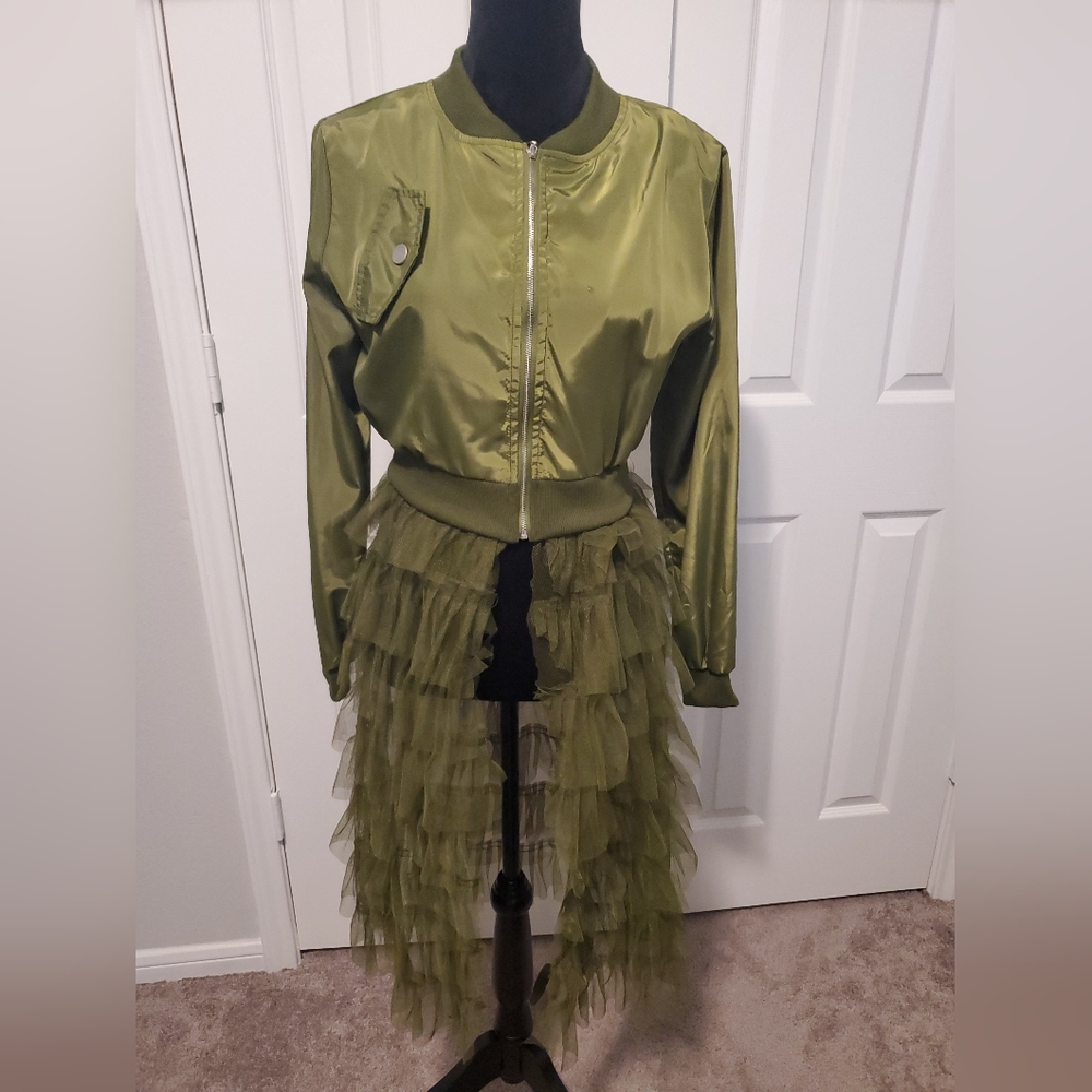 Olive Green Ruffle Bomber Mesh Long Coat Dress